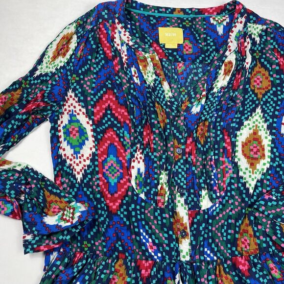 Maeve Anthropologie Topoxte Ikat Tunic Peplum 3/4 Sleeve Boho Vibrant Top 6 FLAW - Picture 3 of 12